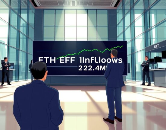 Traders observing a digital board showing Ethereum ETF inflows of $23.4 million, highlighting the return of positive fund flows.