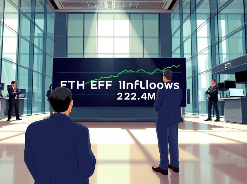 Traders observing a digital board showing Ethereum ETF inflows of $23.4 million, highlighting the return of positive fund flows.