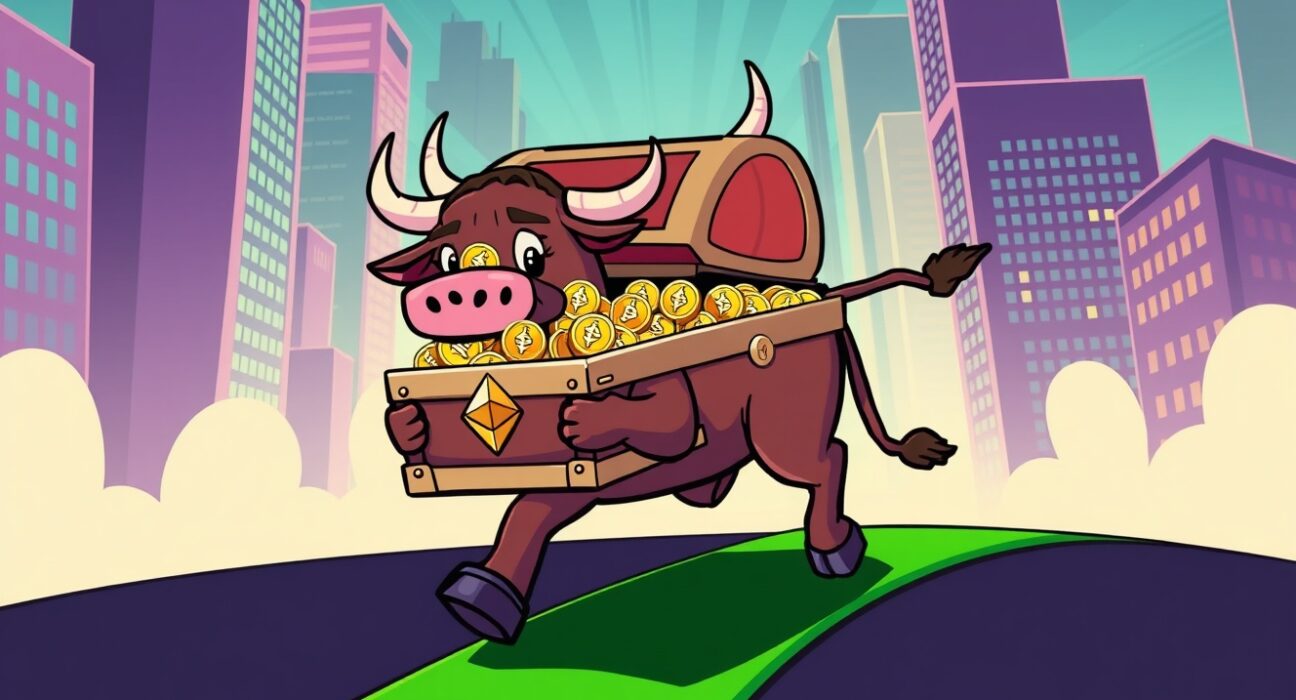 Cartoon bull carrying treasure of spot ETH ETFs symbolizing growing investor confidence.