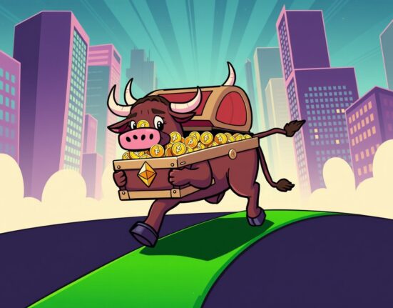 Cartoon bull carrying treasure of spot ETH ETFs symbolizing growing investor confidence.
