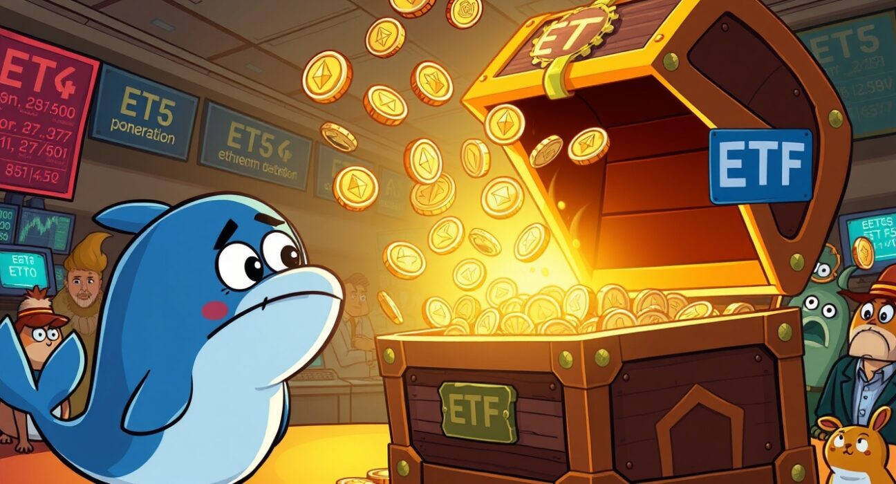 Cartoon illustration of spot ETH ETFs experiencing significant capital outflows as coins drain away.