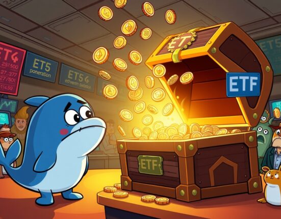 Cartoon illustration of spot ETH ETFs experiencing significant capital outflows as coins drain away.