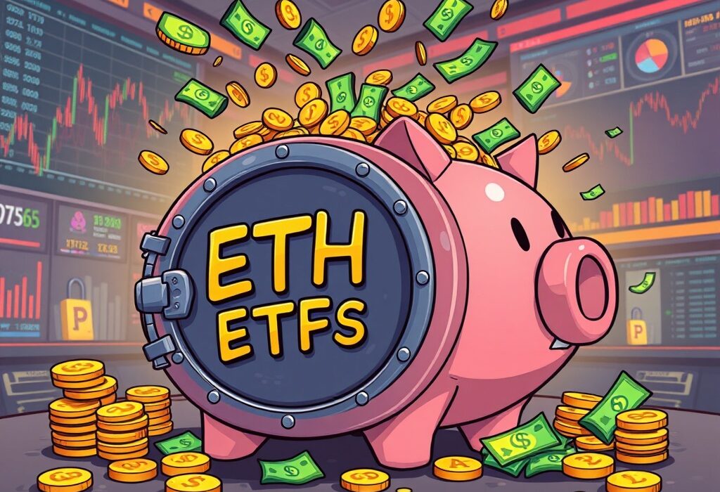 Cartoon showing funds dramatically exiting Spot ETH ETFs, symbolizing the recent $164.6M net outflow and market shift.