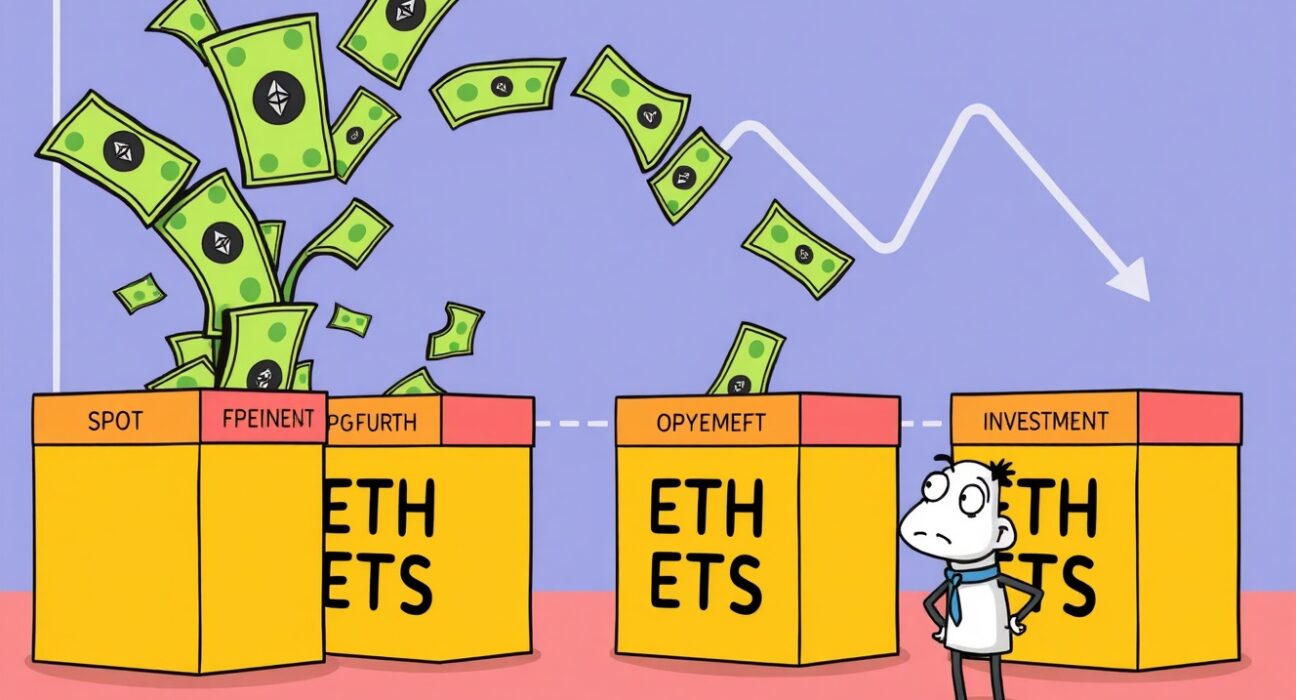 Cartoon showing funds exiting Spot ETH ETFs, illustrating the recent net outflows and market sentiment.