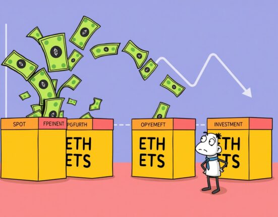 Cartoon showing funds exiting Spot ETH ETFs, illustrating the recent net outflows and market sentiment.