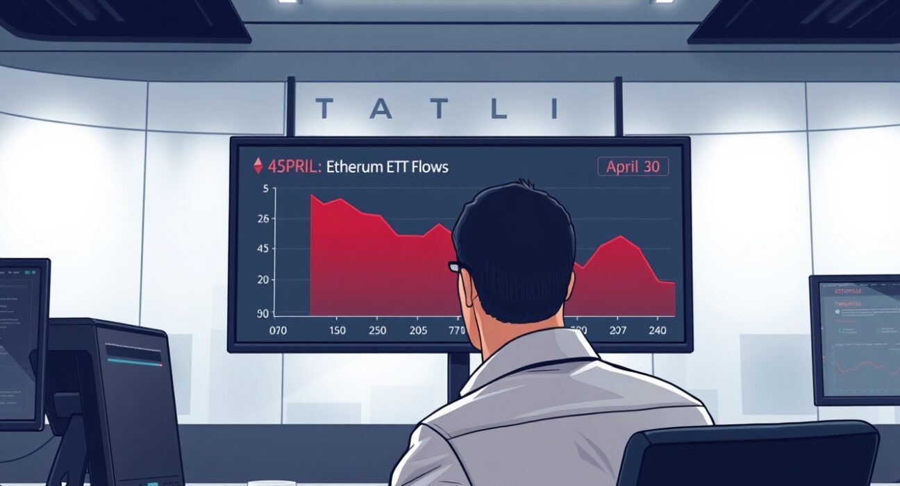 Analyst monitoring spot ETH ETF outflows on a digital screen showing negative data
