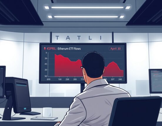 Analyst monitoring spot ETH ETF outflows on a digital screen showing negative data