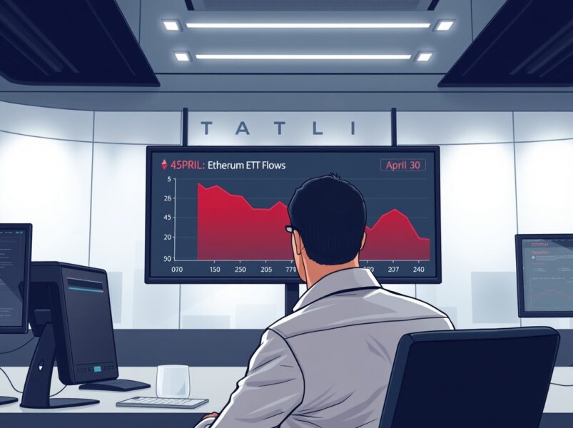 Analyst monitoring spot ETH ETF outflows on a digital screen showing negative data