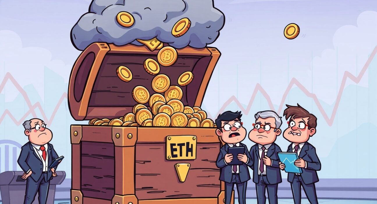 Cartoon of Spot ETH ETFs experiencing significant capital outflows as coins vanish from a treasure chest.