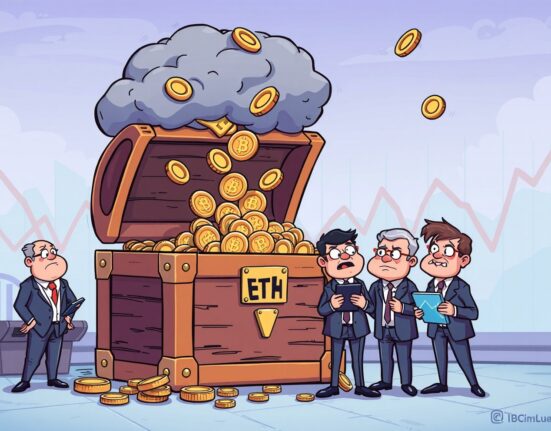 Cartoon of Spot ETH ETFs experiencing significant capital outflows as coins vanish from a treasure chest.