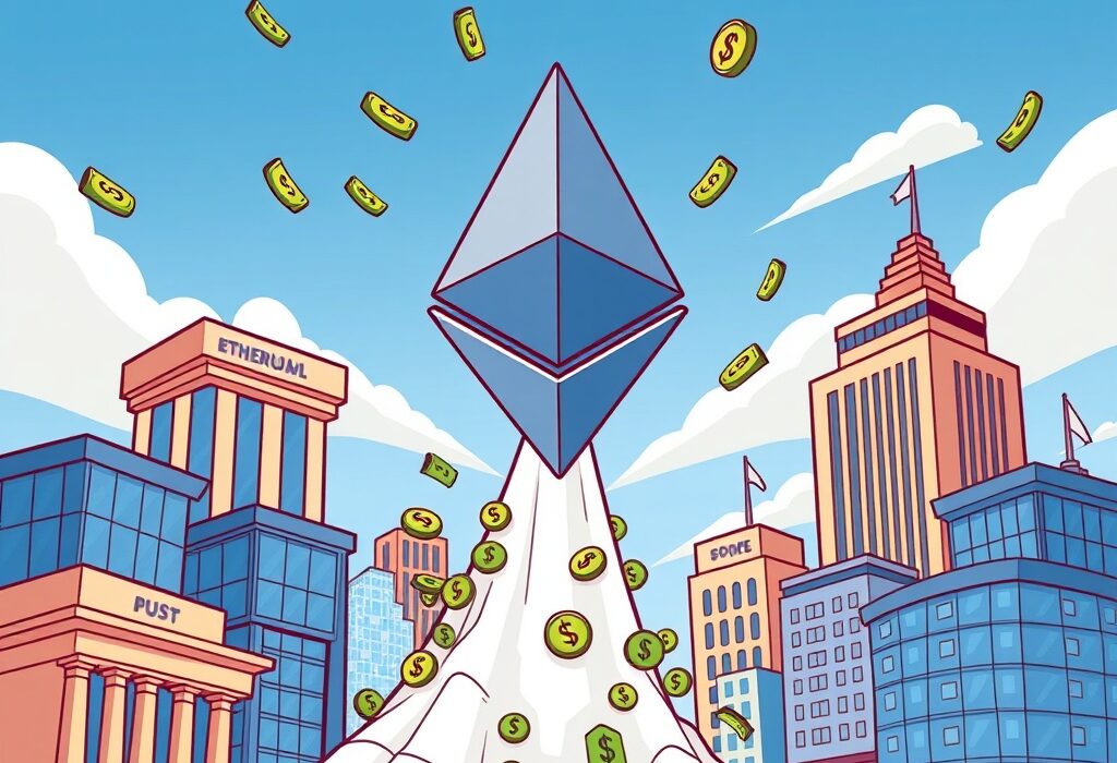 Cartoon showing significant Spot ETH ETFs inflows, with money flowing into an Ethereum logo, symbolizing market growth.