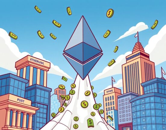 Cartoon showing significant Spot ETH ETFs inflows, with money flowing into an Ethereum logo, symbolizing market growth.