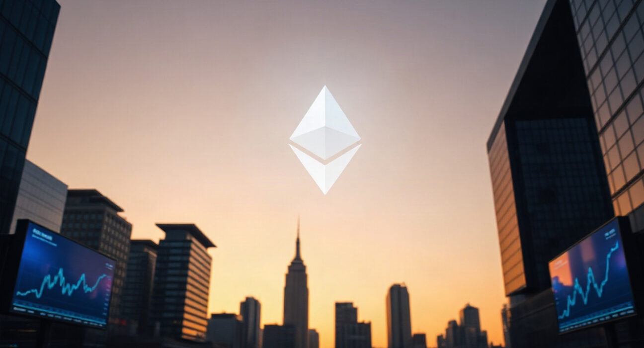 Financial district skyline with digital charts symbolizing Ether ETF market inflows