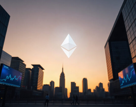 Financial district skyline with digital charts symbolizing Ether ETF market inflows