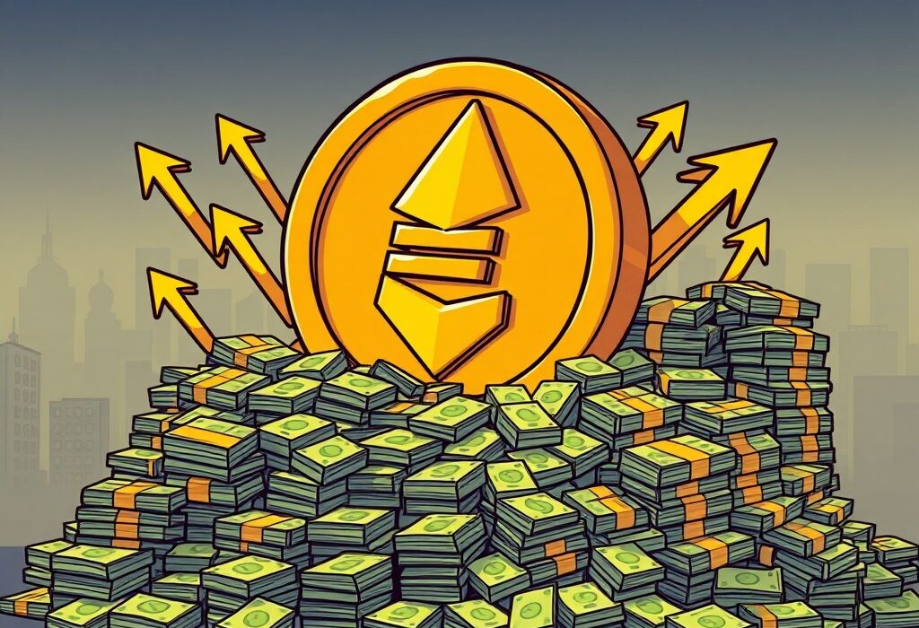 A cartoon illustration showing massive financial inflows into a Spot Ethereum ETF, symbolizing investor confidence and market growth.
