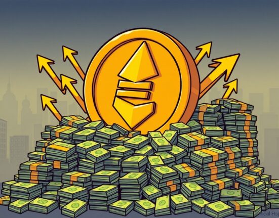 A cartoon illustration showing massive financial inflows into a Spot Ethereum ETF, symbolizing investor confidence and market growth.