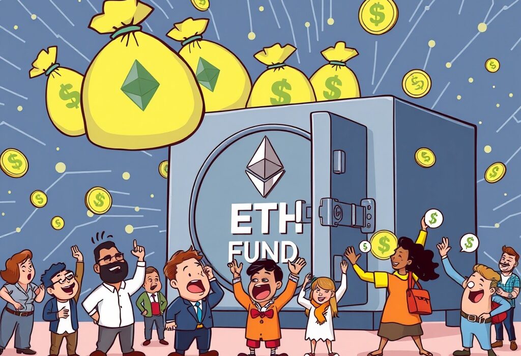 A cartoon illustration showing a steady flow of money into a spot Ethereum ETF vault, representing continuous investment inflows for a spot Ethereum ETF.