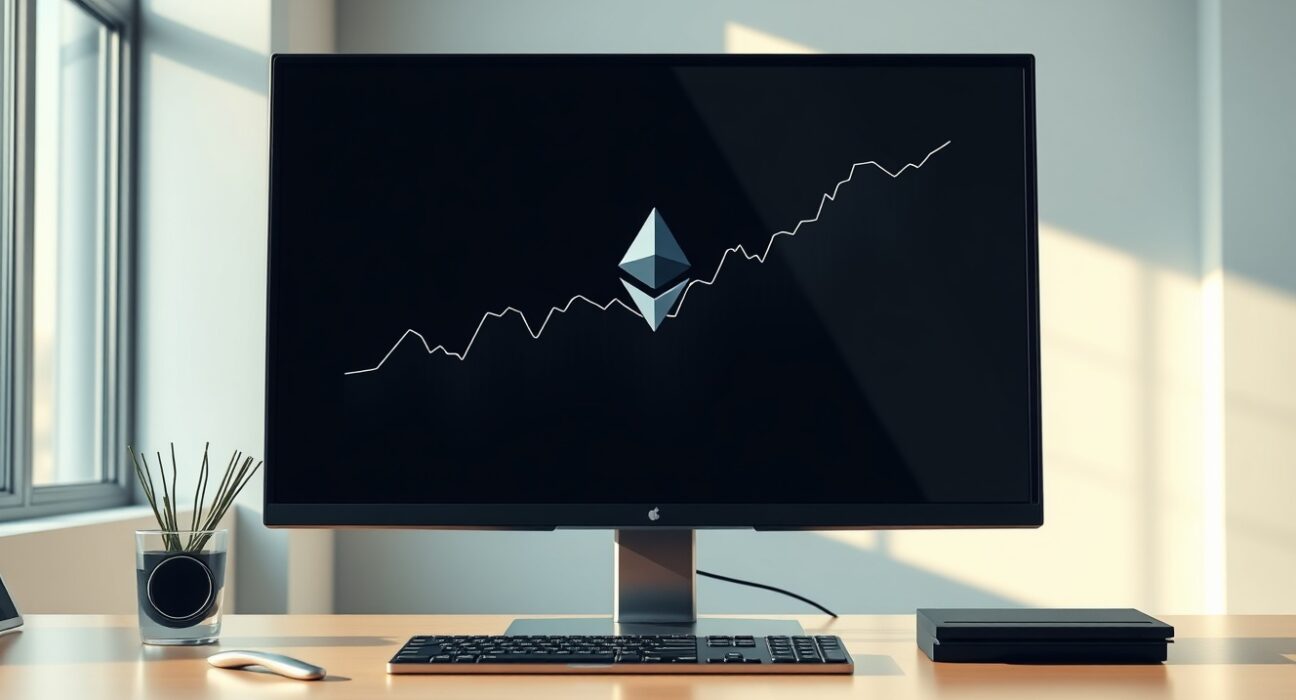 Professional trading desk monitor showing an upward-trending chart for spot Ethereum ETF investment data.
