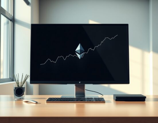 Professional trading desk monitor showing an upward-trending chart for spot Ethereum ETF investment data.