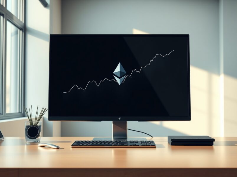 Professional trading desk monitor showing an upward-trending chart for spot Ethereum ETF investment data.