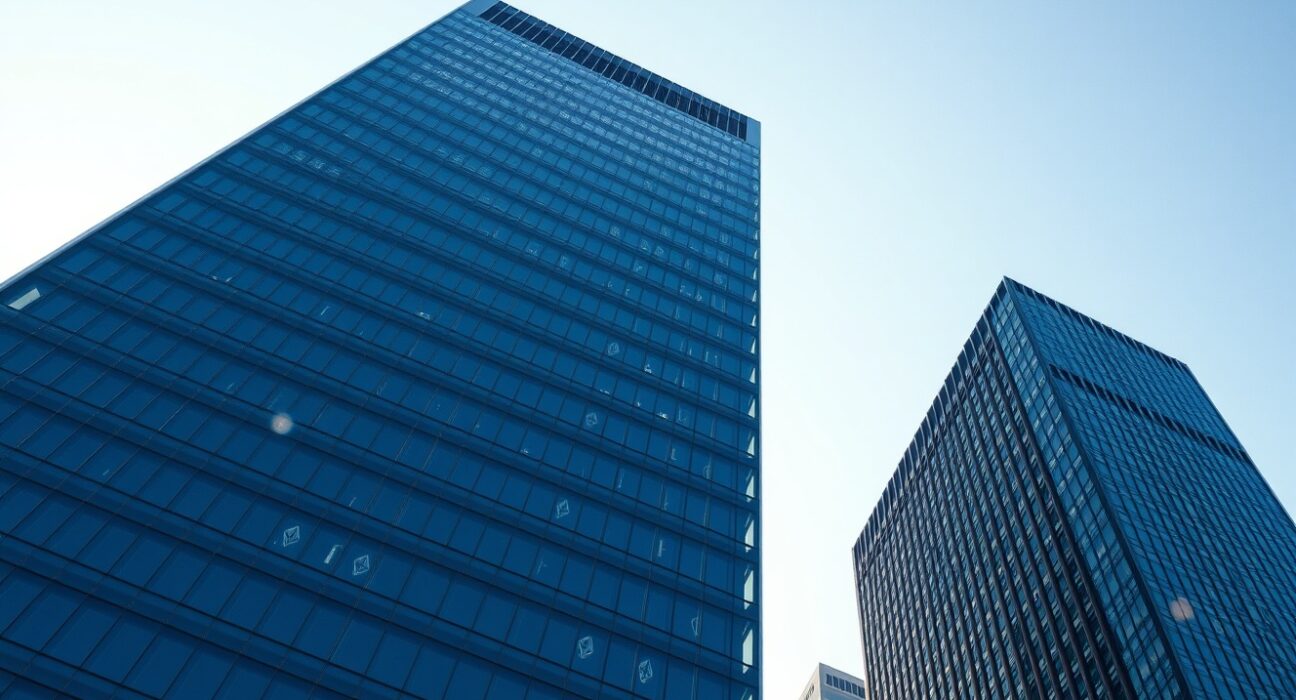 Modern financial building with subtle Ethereum symbols representing steady ETF inflows