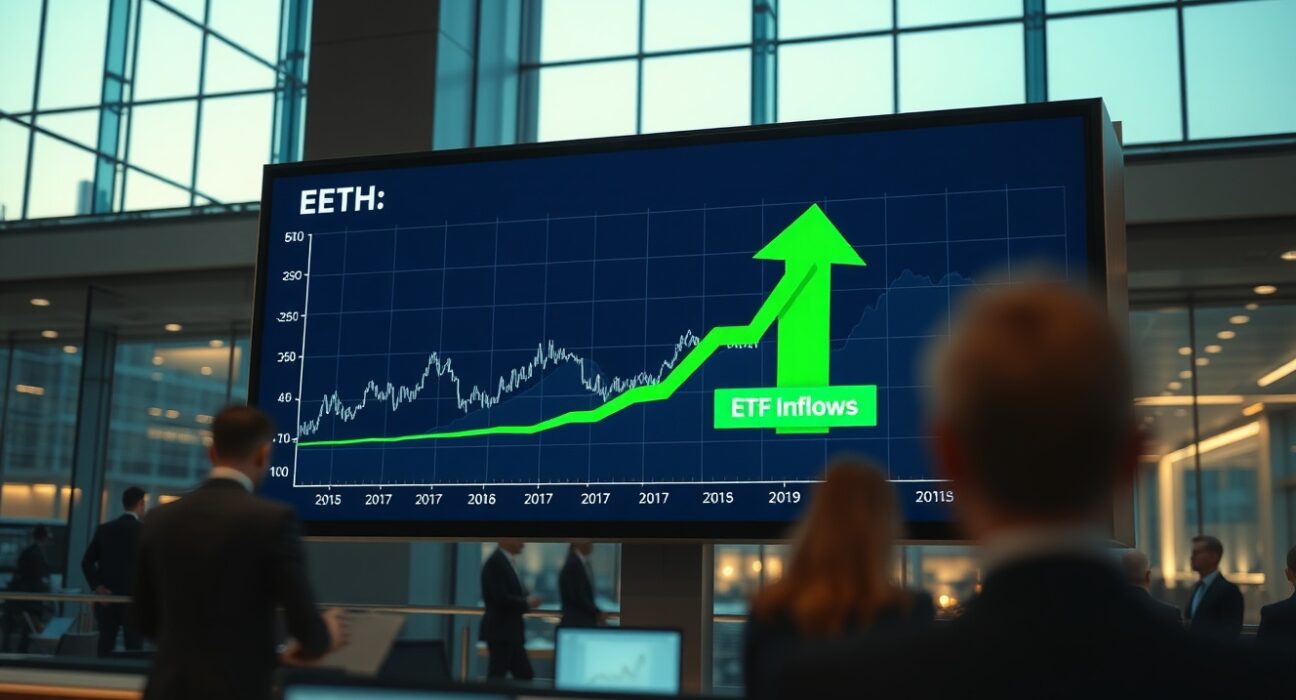 Digital trading display showing Ethereum chart with green ETF inflow arrow on a modern trading floor