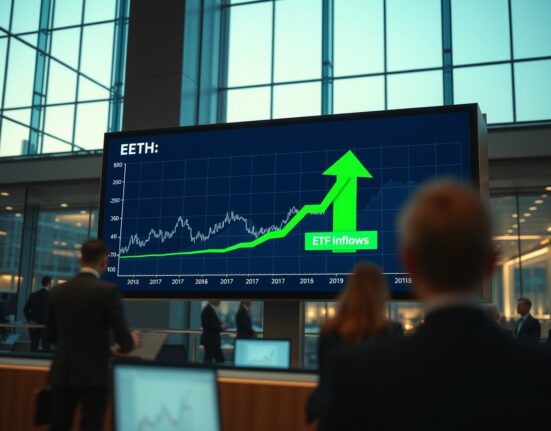 Digital trading display showing Ethereum chart with green ETF inflow arrow on a modern trading floor