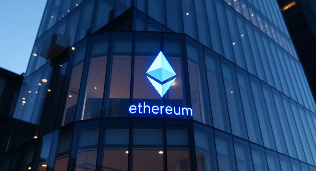 Financial district building with subtle Ethereum logo reflection at dusk, representing institutional ETF inflows.