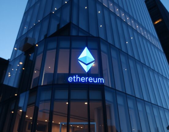 Financial district building with subtle Ethereum logo reflection at dusk, representing institutional ETF inflows.