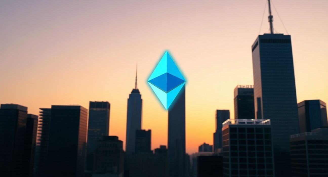 Ethereum symbol projected over a financial district skyline at dusk