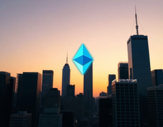 Ethereum symbol projected over a financial district skyline at dusk