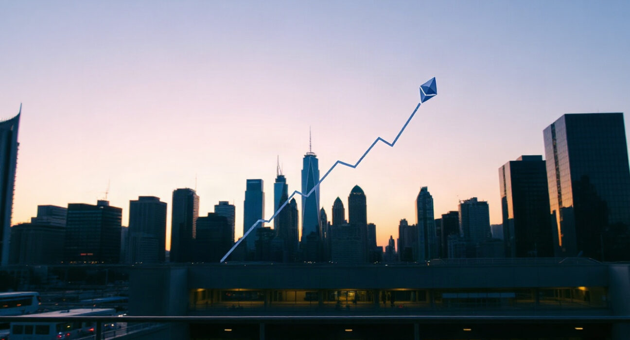 Financial skyline with ascending charts and Ethereum symbol, representing ETF inflows