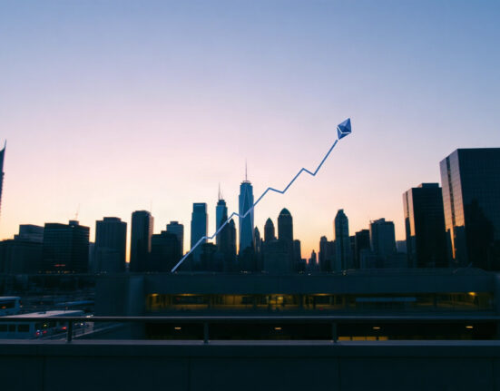 Financial skyline with ascending charts and Ethereum symbol, representing ETF inflows