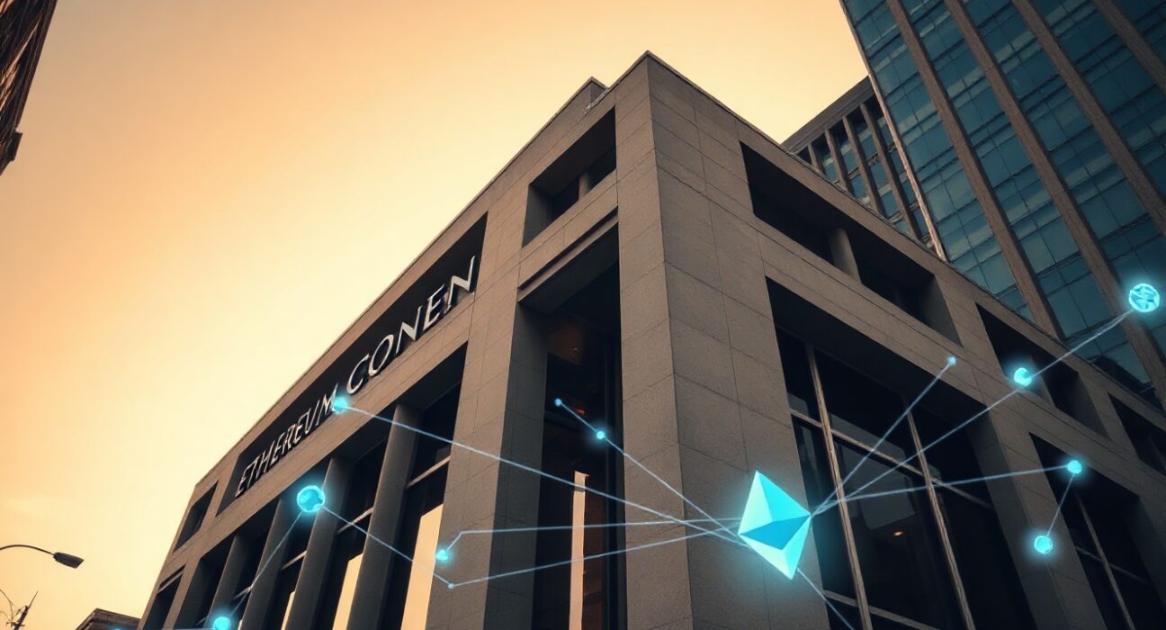 Modern financial building with digital Ethereum network overlay representing spot ETF outflows.