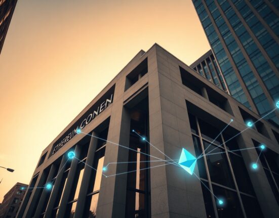Modern financial building with digital Ethereum network overlay representing spot ETF outflows.