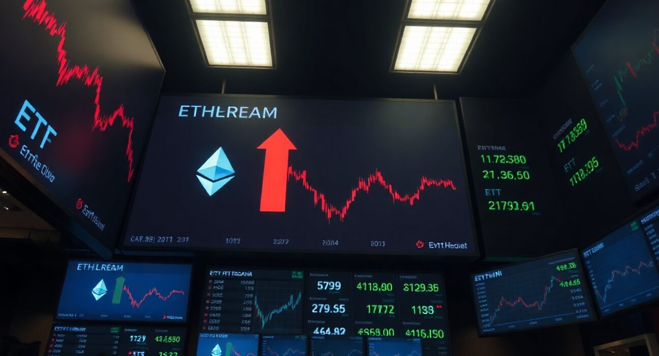 Financial trading floor screens showing Ethereum ETF outflow data with red indicators