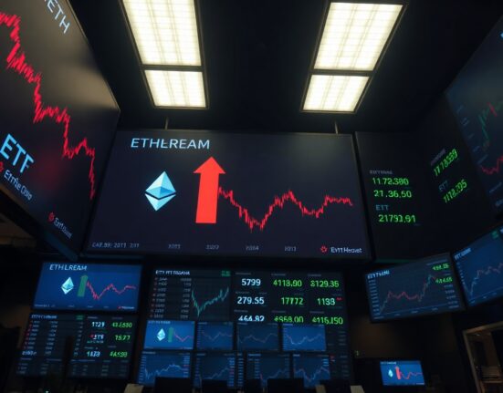 Financial trading floor screens showing Ethereum ETF outflow data with red indicators
