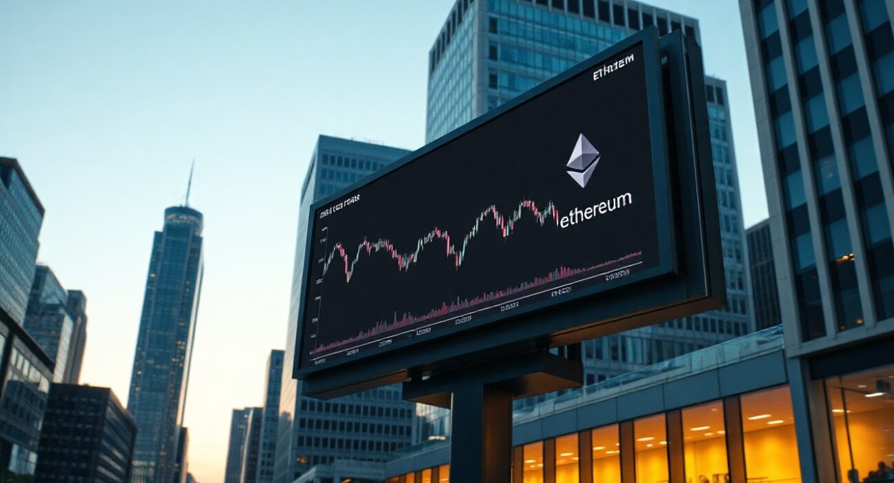 City skyline at dusk with digital billboard showing Ethereum price chart trending down