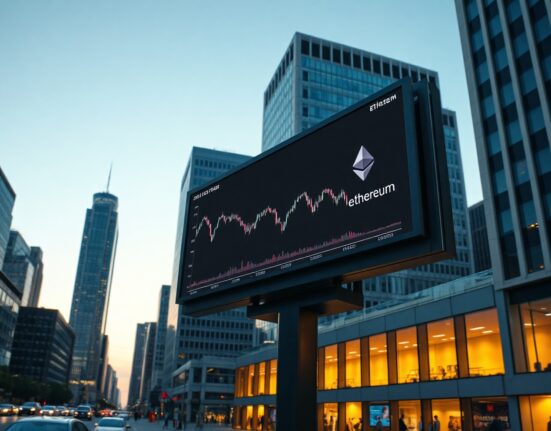 City skyline at dusk with digital billboard showing Ethereum price chart trending down