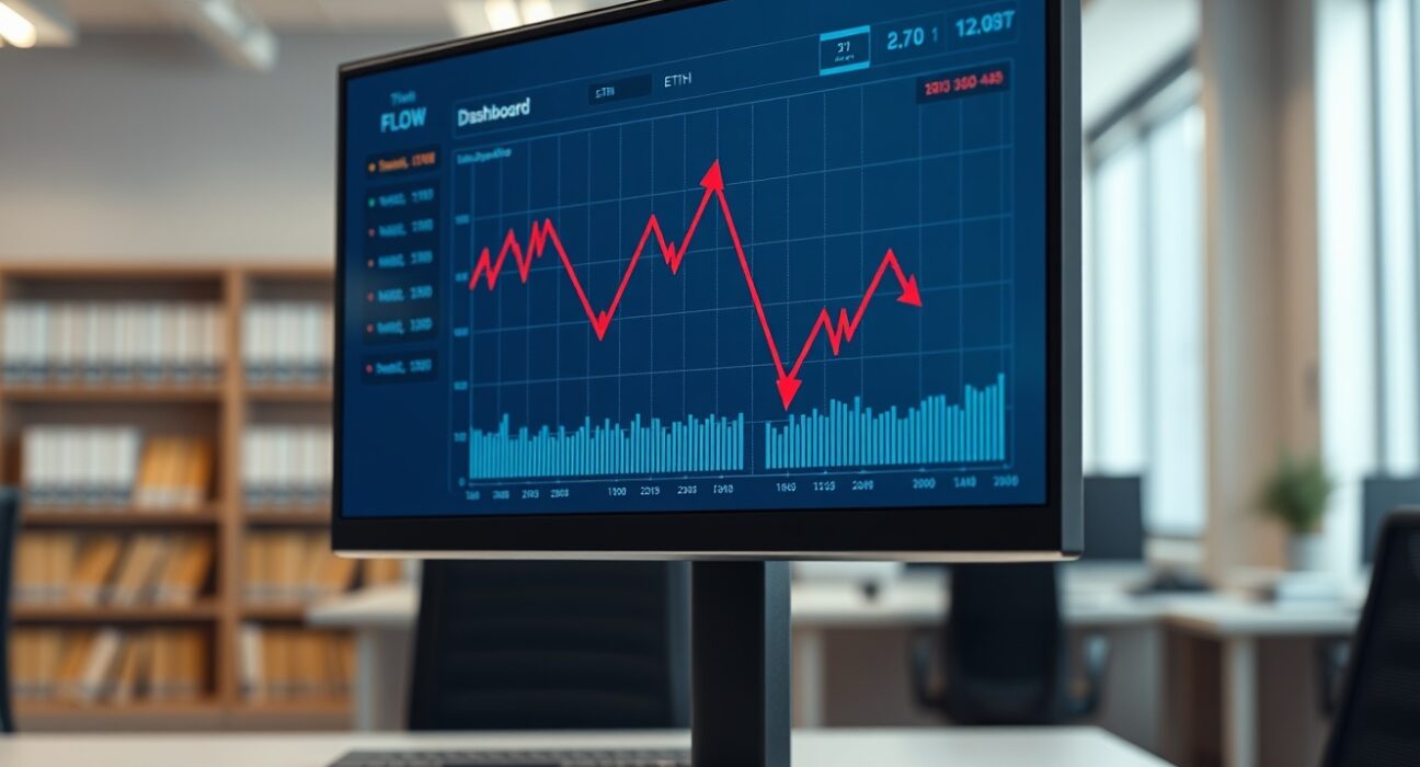 Financial dashboard showing declining graphs representing spot Ethereum ETF outflows and market trends.