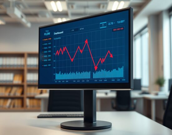 Financial dashboard showing declining graphs representing spot Ethereum ETF outflows and market trends.