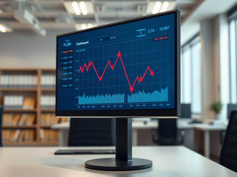 Financial dashboard showing declining graphs representing spot Ethereum ETF outflows and market trends.