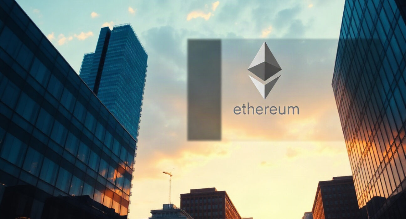 Ethereum symbol over financial district skyline at dusk representing ETF inflows