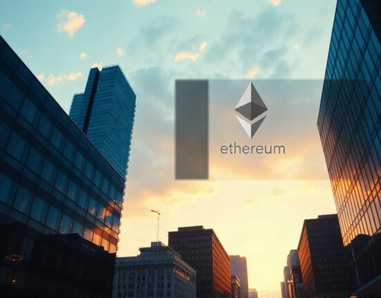 Ethereum symbol over financial district skyline at dusk representing ETF inflows