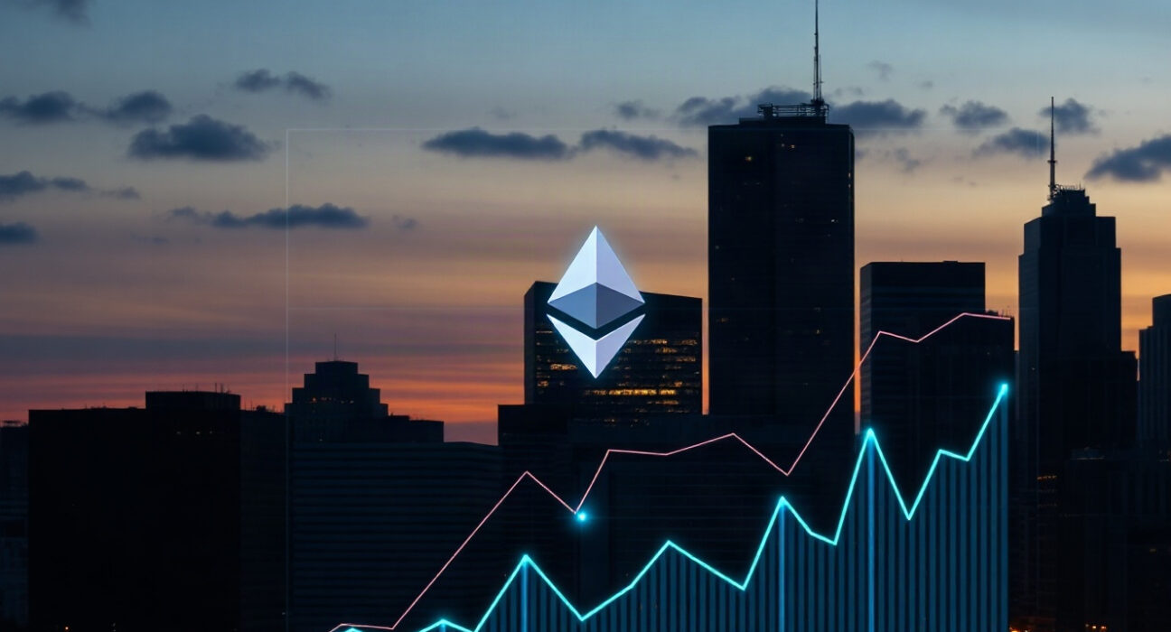 Ethereum symbol over financial district skyline at dusk with upward charts