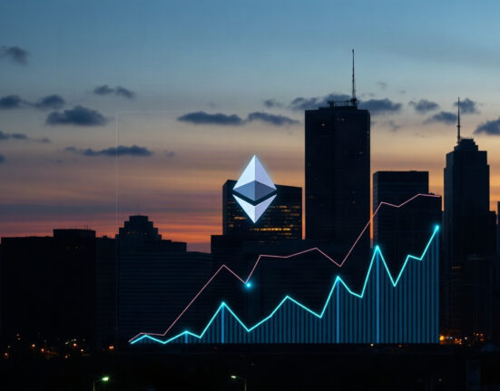 Ethereum symbol over financial district skyline at dusk with upward charts