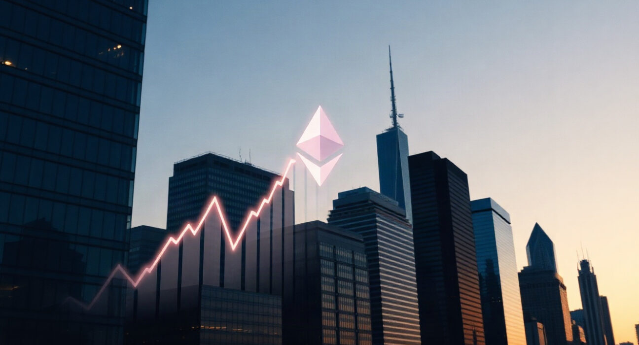 Financial district skyline at dusk representing Ethereum ETF market activity