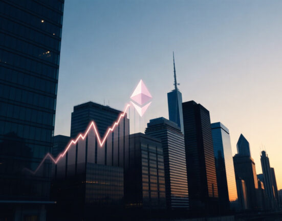 Financial district skyline at dusk representing Ethereum ETF market activity