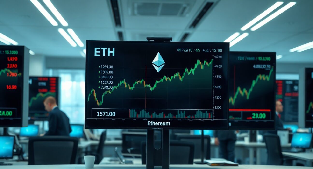Trading floor monitors displaying Ethereum price charts and ETF data with green upward trend