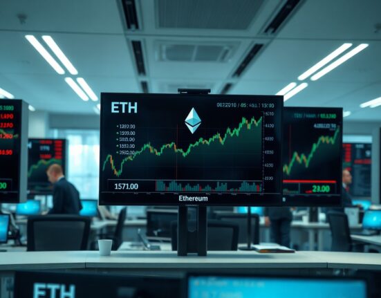 Trading floor monitors displaying Ethereum price charts and ETF data with green upward trend